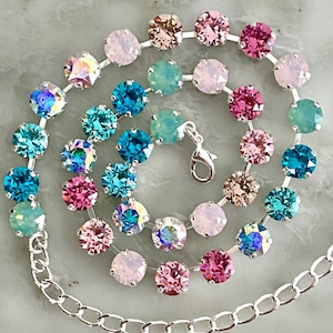 BLUSH PINK MINT Green Pastel Crystal Tennis Necklace for Women Silver, Opal Crystal Chocker Necklace, Green Opal Teal Aqua Blue, Layering