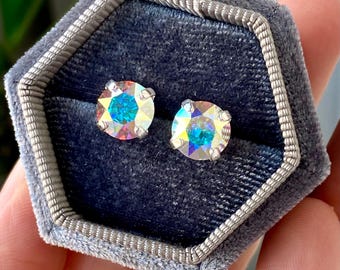 Pendientes AURORA BOREALIS, Pendientes de oro, oro rosa, plata, pendientes de botón, pendientes de cristal Swarovski, pendientes arcoíris, pendientes de joyería, regalo para ella