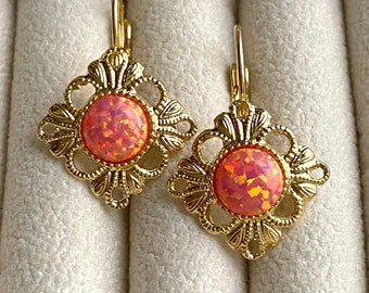 LAST ONE! Orange Peach Pink Opal Earrings, Art Deco Earrings, Vintage Gold Earrings, Dangle Drop Earrings, Pink Earrings, Flashy Stones