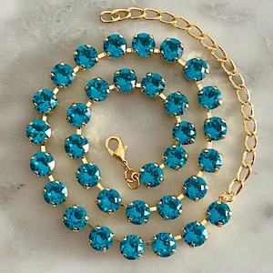 TEAL Necklace, 14k Gold, Teal Blue Swarovski Crystal Necklace, Silver, Rose Gold, Teal Wedding, Peacock Blue, Paraiba Blue, Layering, Gift