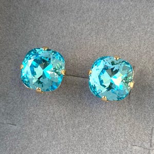 TURQUOISE Earrings, Aqua Blue Earrings, Wedding Earrings, Austrian Crystal Stud Earrings, Something Blue, Square Cushion, Silver, Gold, Rose