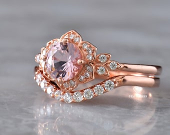 Vintage Morganite Engagement Ring Set, Rose Gold Morganite Ring, Art Deco Wedding Ring, Pink Morganite and Diamond Ring, Pink Gemstone Ring