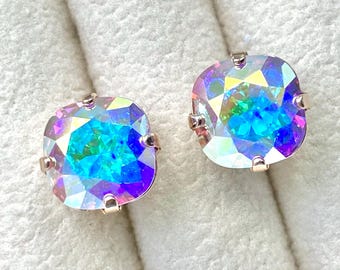 Pendientes de cristal Swarovski AURORA BOREALIS, pendientes de plata y oro rosa, pendientes brillantes, pendientes iridiscentes, ideales para novias o como regalo para el Día de la Madre.