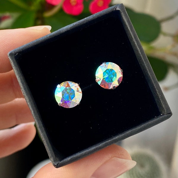 Aurora Borealis Earrings, Sterling Silver Stud Earrings, Swarovski Crystal Earrings, Rainbow Crystal Earrings, Jewelry Earrings Gift for Her