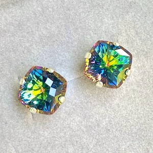 MAGICAL SQUARE Rainbow Crystal Earrings Studs, Watermelon Crystal Earrings, Silver, Multi, Dark Rainbow, Vitrail, Unique Handmade Gift Women