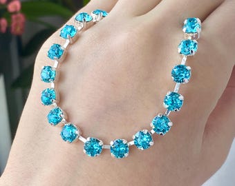 Turquoise Blue Crystal Necklace, Silver Turquoise Necklace, Genuine Austrian Crystal Choker Necklace, Layering, Stacking, Sparkly, Gift