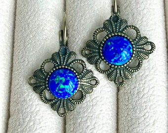 LAST ONE! Blue Opal Earrings, Art Deco Earrings, Vintage Earrings, Dangle Drop Earrings, Blue Earrings, Flashy Stones