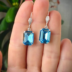 LAST PAIR! Aquamarine Blue Earrings, Emerald cut, Blue Bridal Earrings, Austrian Crystal Earrings, Dangle Drop, Anniversary Gift for Her