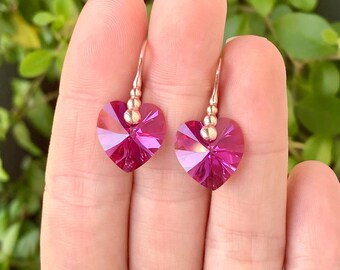 Boucles D’oreilles Cœur Cristal Rose Plaqué Or – Neuves Avec étiquettes