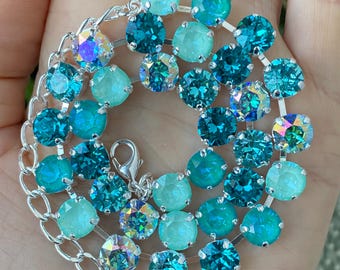 MINT Green TEAL and TURQUOISE Necklace, Ombre Crystal Tennis Swarovski Choker Necklace and Earrings, Wedding Jewelry, Sea Lover Gift for Her