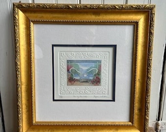 Stephen Whittle's beautiful hand etched, colored and embossed "Tea by the Lake", signed, numbered in a pretty gold frame. 15 3/4" x 15 3/4"