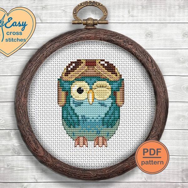 Owl Pilot  cross stitch pattern. Owl embroidery pattern. Funny bird DIY home decor.  Instant download digital pattern.