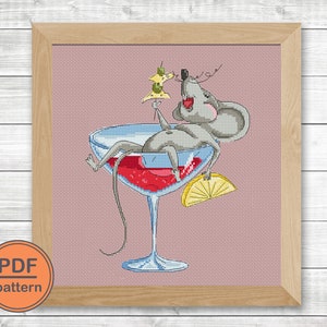 Mouse cross stitch pattern, wine cross stitch pattern, modern embroidery designs for wine lover gifts
