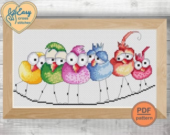 Funny Birds Cross Stitch Pattern. Watercolor Birds  easy Cross Stitch, Rainbow Funny Birds. PDF Instant Download