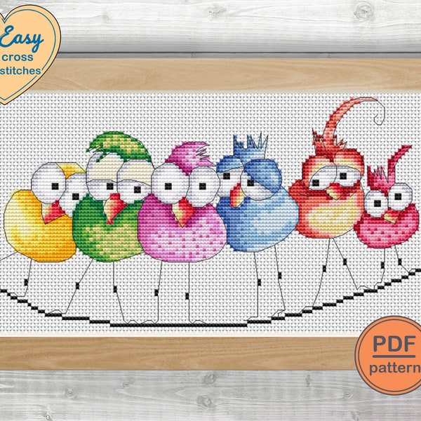 Funny Birds Cross Stitch Pattern. Watercolor Birds  easy Cross Stitch, Rainbow Funny Birds. PDF Instant Download