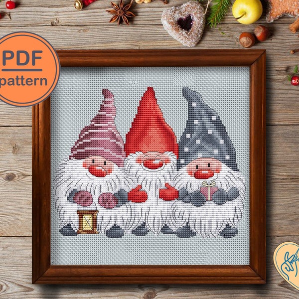 Christmas gnomes simple cross stitch pattern. Christamas ornament embroidery pattern for beginners. Gnome de Noël. PDF instand download