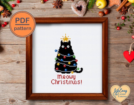 Cat cross stitch pattern PDF. Christmas cross stitch pattern. Christmas embroidery pattern. Funny christmas home decor. Funny cat design.