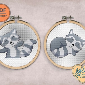Raccoon cross stitch pattern PDF, 2 funny raccoon embroidery pattern, simple animal cross stitch pattern for beginer, gift for raccoon lover
