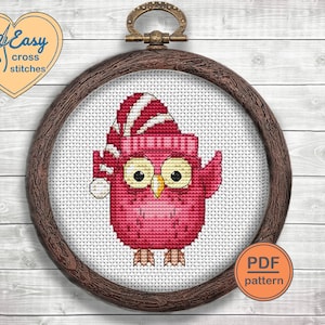 Christmas owl cross stitch pattern in PDF. Instant download. Simple owl nursery embroidery. Cute Christmas ornament for beginners.