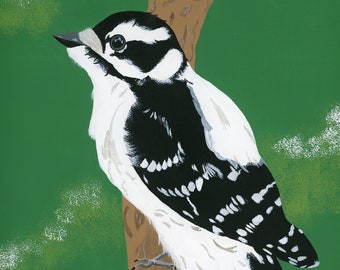 Signed Print of the original acrylic painting on canvas, Downy Woodpecker Bird, by Marjorie Taylor