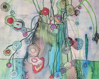 Signierter Print der Original Mixed Media Zeichnung auf Papier, Flowers 1, von Marjorie Taylor