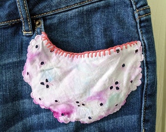 Distressed vintage jeans, patchwork and sashiko mended, upcycled
