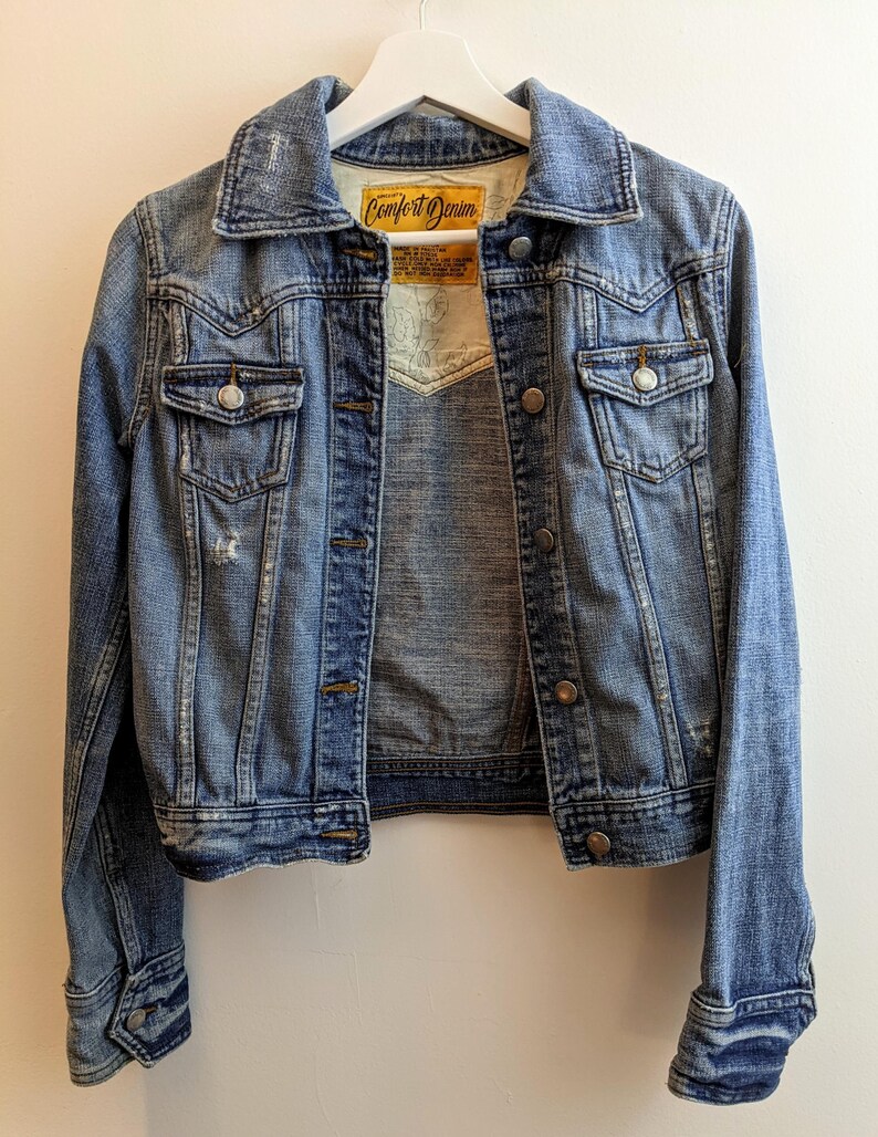 Floral Patched Jean Jacket, Roses, Upcycled Jean Jacket, Women's Large