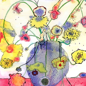 Stampa firmata del disegno originale a tecnica mista su carta, Flowers 2, di Marjorie Taylor