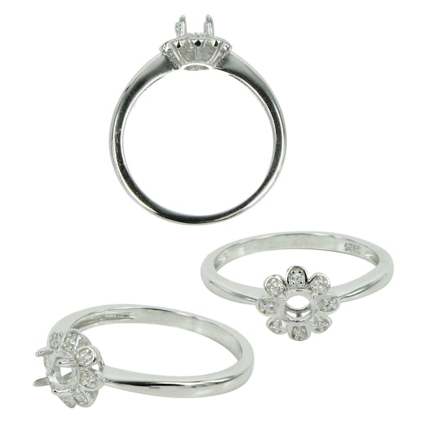 CZ Petals Flower Ring in Sterling Silver for 4mm Round Stones | MTR484