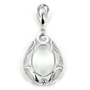 May include: A silver pendant with an open teardrop design. The pendant features an oval center and a small, round, clear gemstone at the bottom. The top has a loop for a chain. The design includes decorative swirls and lines.