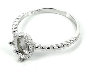 Beaded style bezel cup ring in sterling silver 6x8mm | MTR392