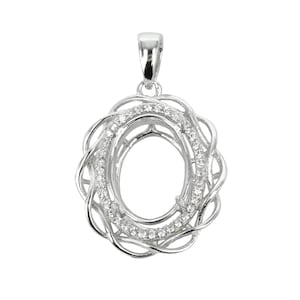Oval Pendant with Twisty Wire Cubic Zirconias Set Frame and Soldered Loop and Bail in Sterling Silver 10x14mm | MTP965