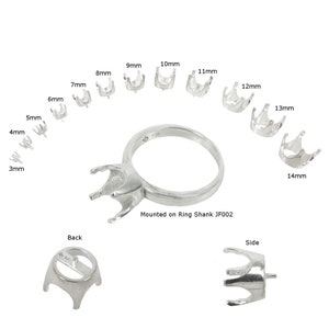 Puede incluir: Un juego de engastes de garras de plata para montar piedras preciosas en joyería. Los engastes están disponibles en tamaños que van desde 3 mm hasta 14 mm. La imagen muestra los engastes montados en un vástago de anillo, así como una vista lateral y una vista posterior de un engaste.