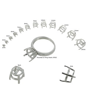 May include: A set of silver ring settings in various sizes, ranging from 3mm to 14mm. The settings are shown individually and mounted on a ring shank. The text "Mounted on Ring Shank JF002" is also included in the image.