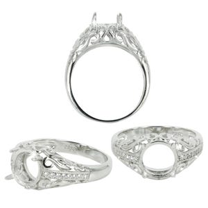 May include: A silver ring setting with an ornate filigree design. The ring features a square setting for a gemstone and is accented with small, sparkling stones. The ring is shown from multiple angles, highlighting its intricate details and craftsmanship.