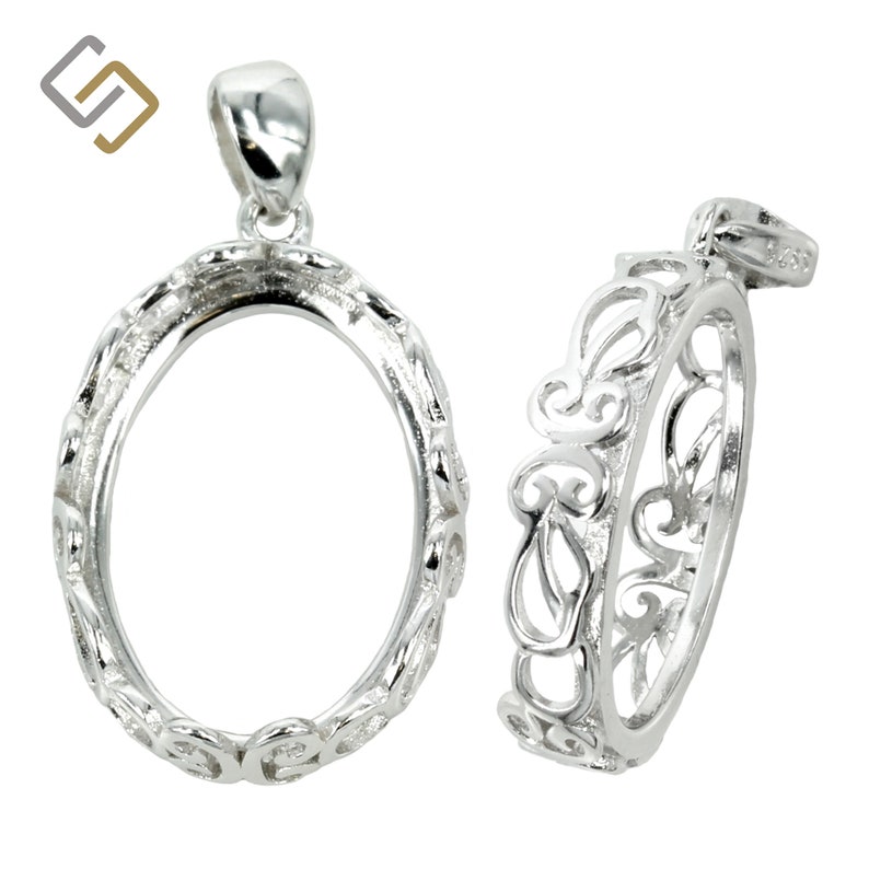 Oval rococo bezel pendant with soldered loop /& bail in sterling silver.