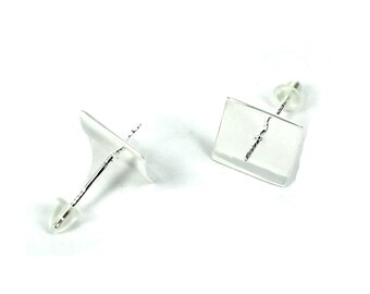 Ear Studs with Rectangular Bezel and Peg Mounting in Sterling Silver 9mm