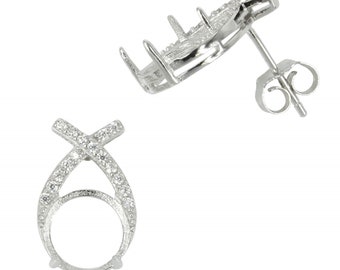 Crossed CZ Ribbons Stud Earrings with Round Prong Mounting in Sterling Silver for 8mm Stones