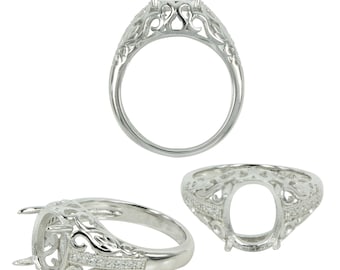 Filigree Gallery Ring in Sterling Silver for 8x10mm Oval Stones | MTR464