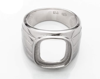 May include: A silver ring with a square-shaped bezel setting. The ring has a textured band with a grooved design.