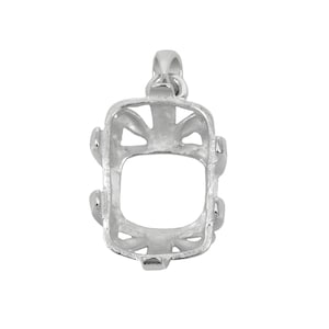 May include: Silver pendant setting with a square-shaped opening for a gemstone. The setting has a delicate, ornate design with intricate details.