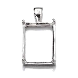 May include: Silver pendant setting with a rectangular bezel, designed to hold a gemstone or other material. The setting has a bail for attaching to a chain or cord.