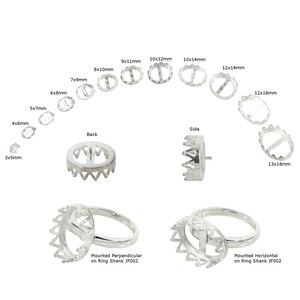 May include: An assortment of silver ring settings in various sizes, ranging from 3mm to 13mm in diameter. The settings feature a crown-like design with a pointed edge. The image also shows two rings with the settings mounted, one with the setting perpendicular to the ring shank and the other with the setting horizontal to the ring shank.
