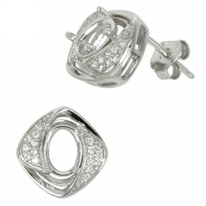 Square Border Stud Earrings with Oval Prong Mounting in Sterling Silver for 5x7mm Stones | ES348