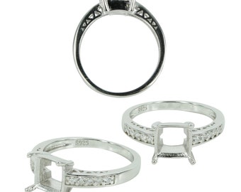 CZ's Shoulders Ring Setting with Rectangular Prongs Mounting in Sterling Silver 7x8mm | MTR466