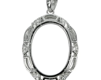 Oval Pendant with CZ set Decorative Border for 15x20mm Stones in Sterling Silver | MTP1131