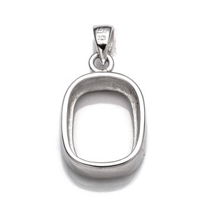 May include: Silver pendant with a rectangular opening for a gemstone or other embellishment. The pendant has a bail at the top for attaching to a chain.