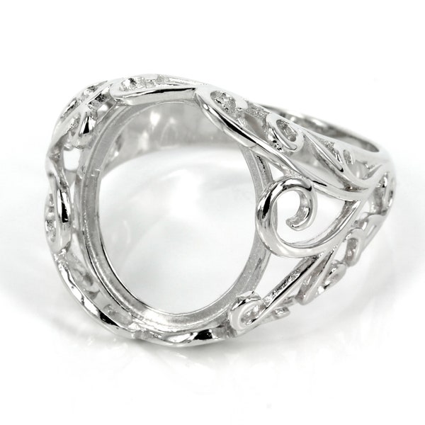 Filigree Style Ring Setting with Oval Bezel Mounting in Sterling Silver 13x15mm | MTR384