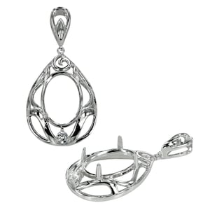Pear shaped frame oval pendant set with Cubic Zirconia and soldered loop and bail in sterling silver 10x14mm | MTP909
