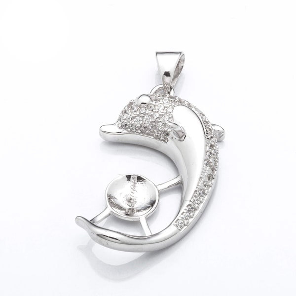 Dolphin Pendant Pearl Setting with CZ's and Round Cup and Peg Mounting including Bail in Sterling Silver 7mm | MTP696